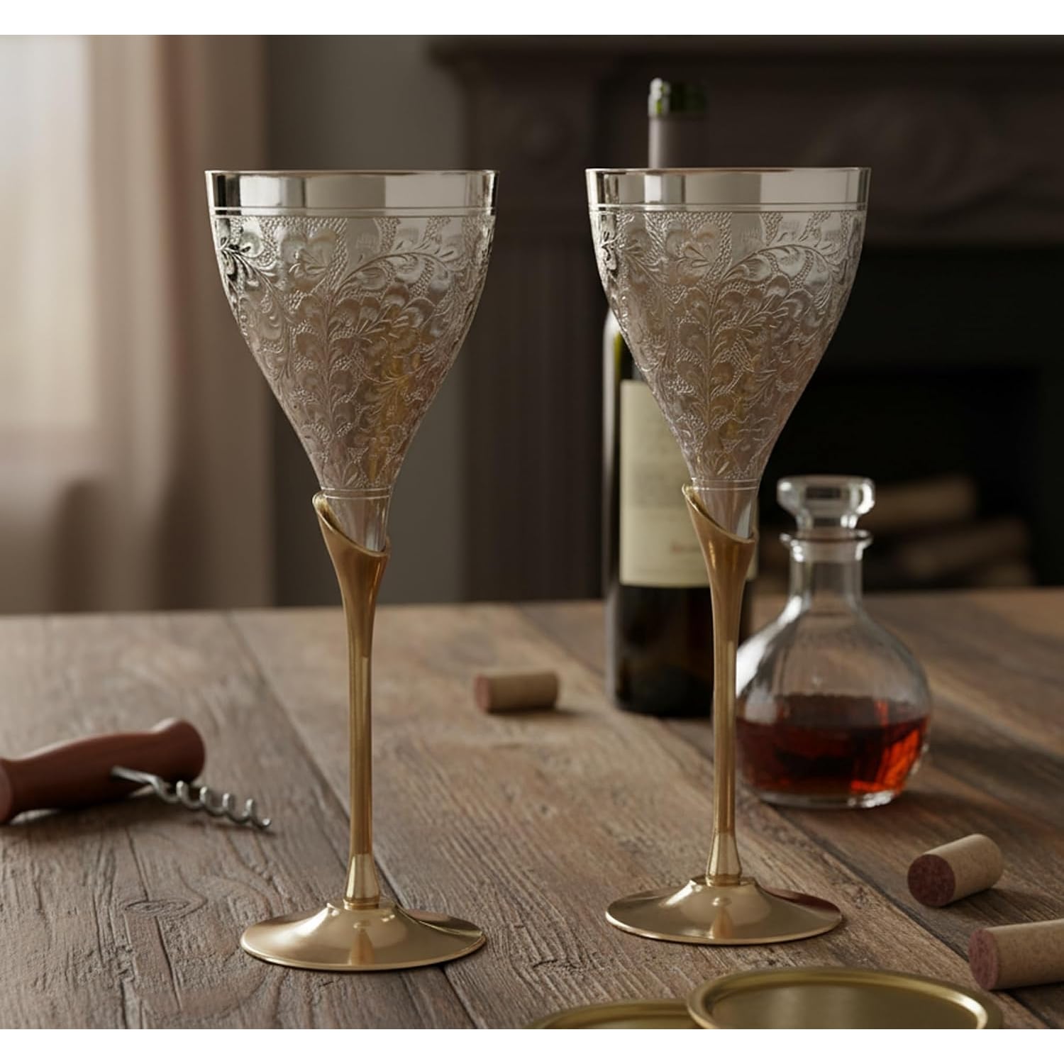 Engraved Brass Goblets Set of 2, detail view