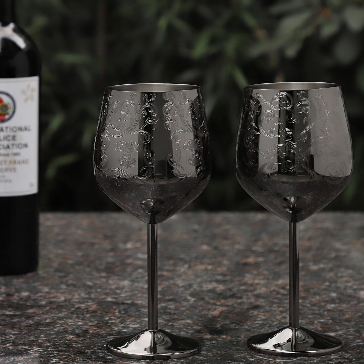 Engraved Stainless Steel Wine Glasses, Set of 2, detail view