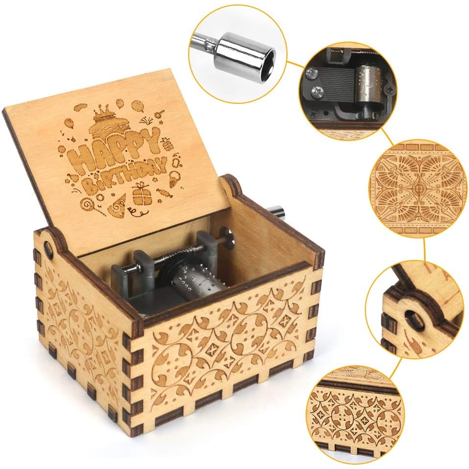 Happy Birthday Engraved Wooden Hand-Crank Music Box