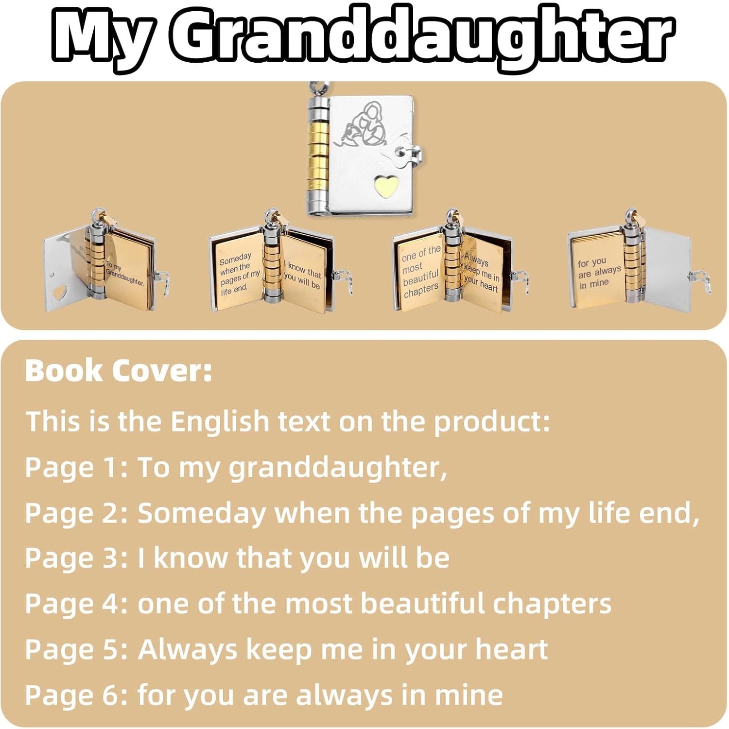 Granddaughter Engraved Book Necklace with Six Unfolding Pages: image 3