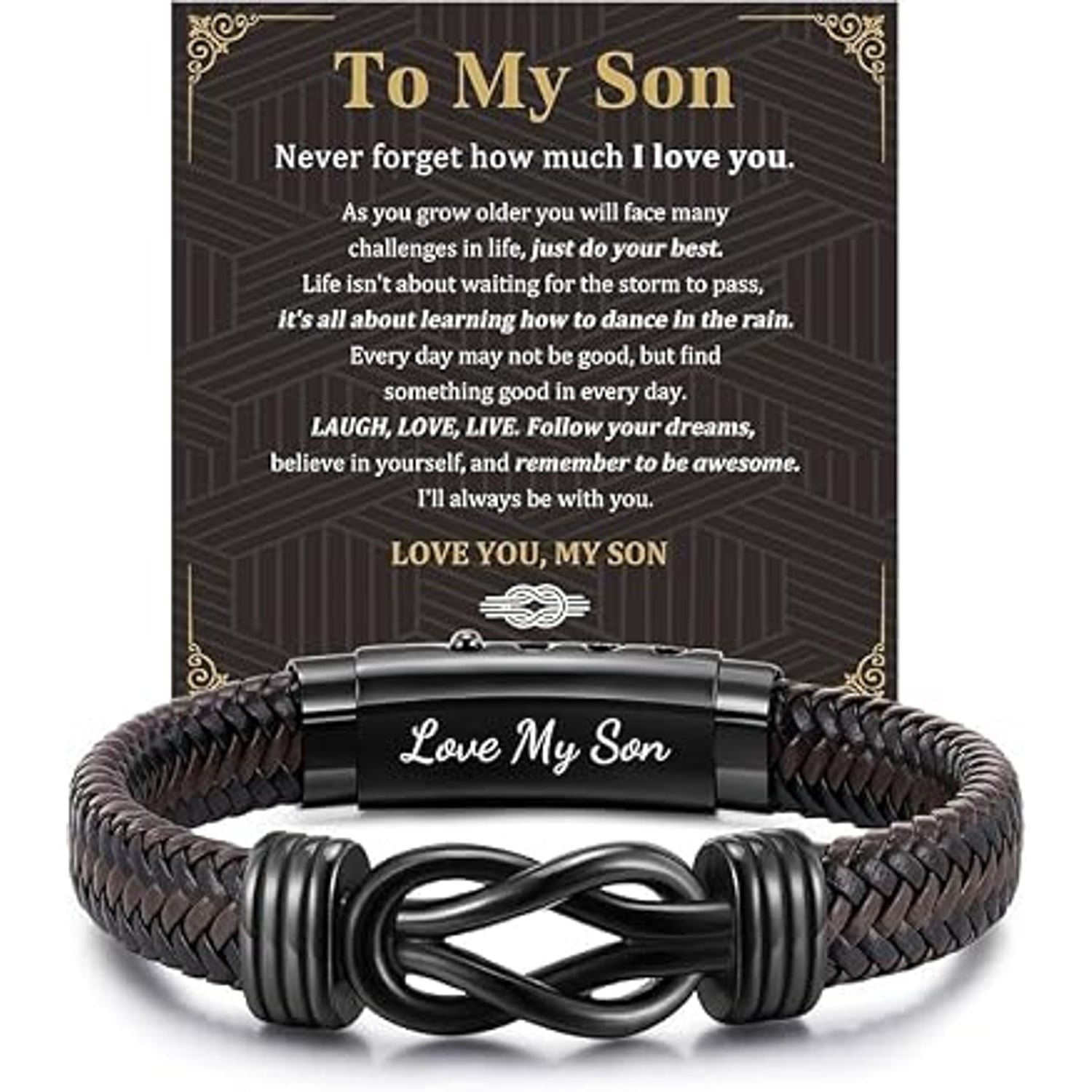 Love My Son Engraved Leather Bracelet