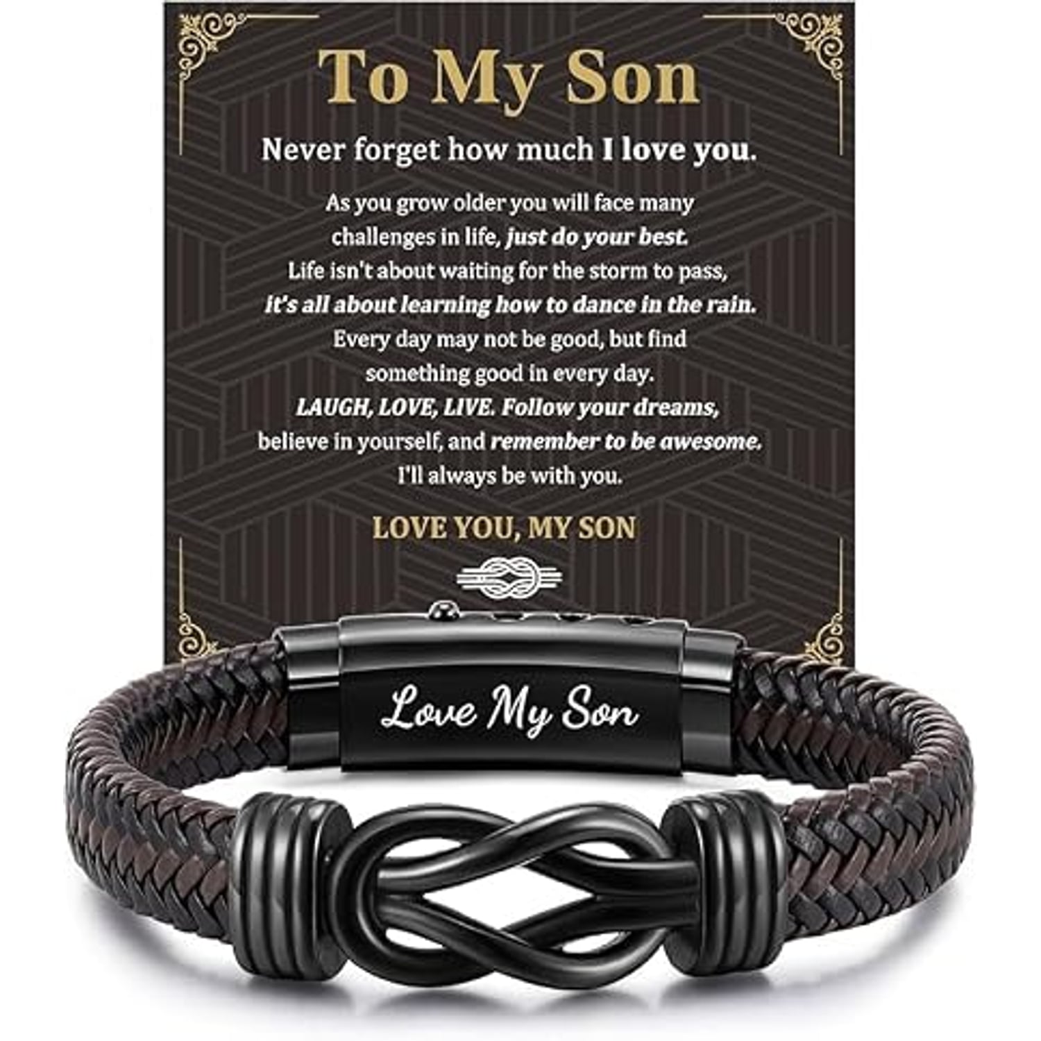 Love My Son Engraved Leather Bracelet