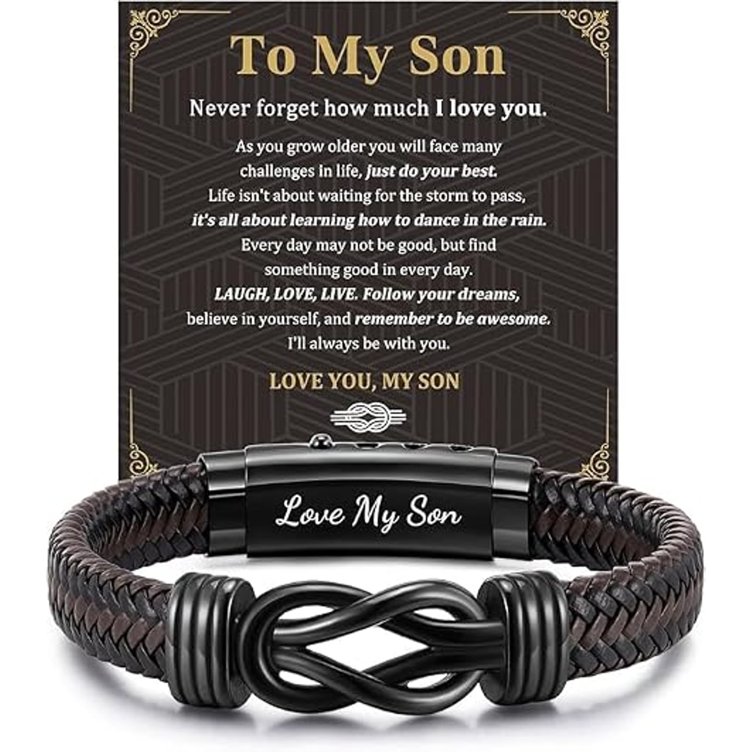 Love My Son Engraved Leather Bracelet