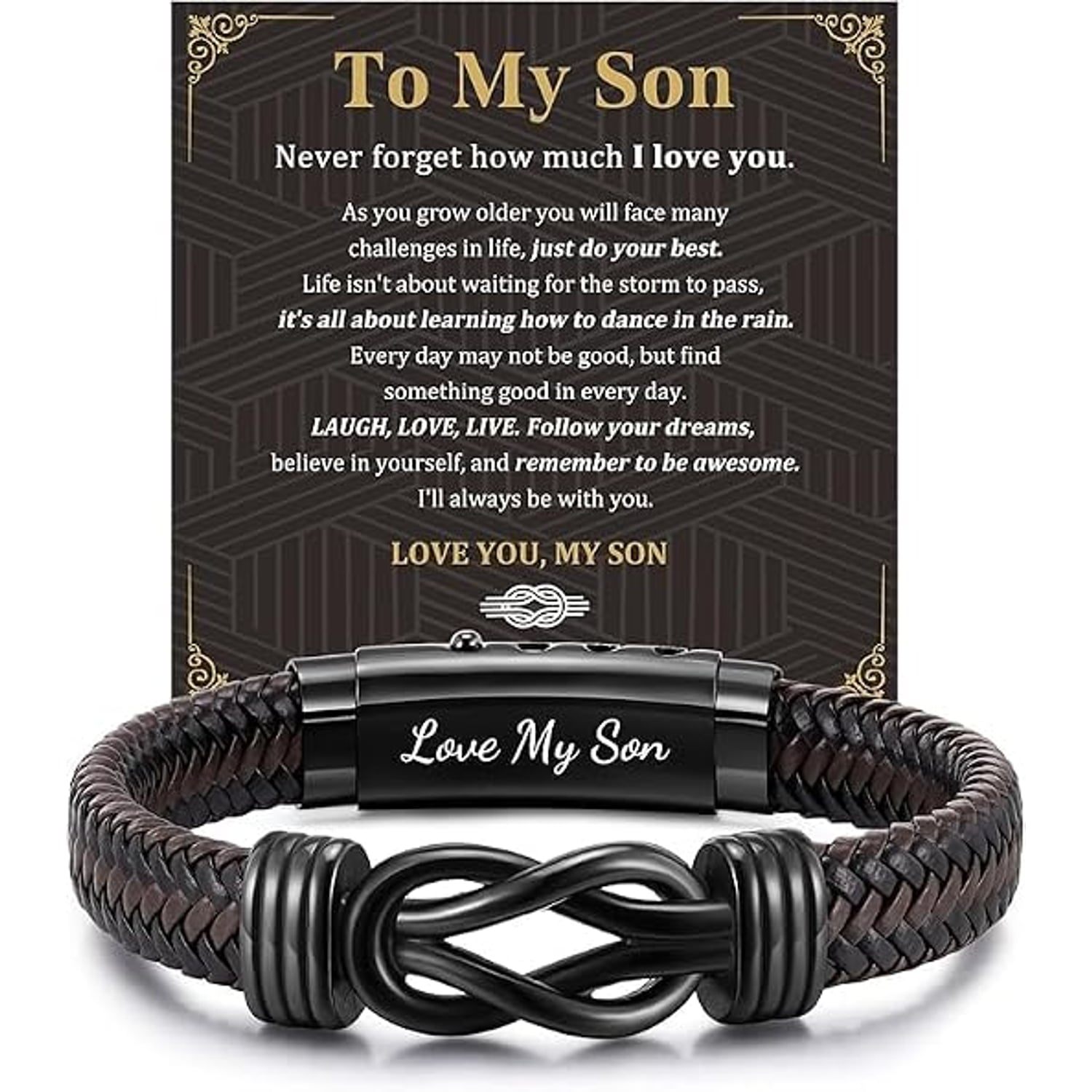 Love My Son Engraved Leather Bracelet