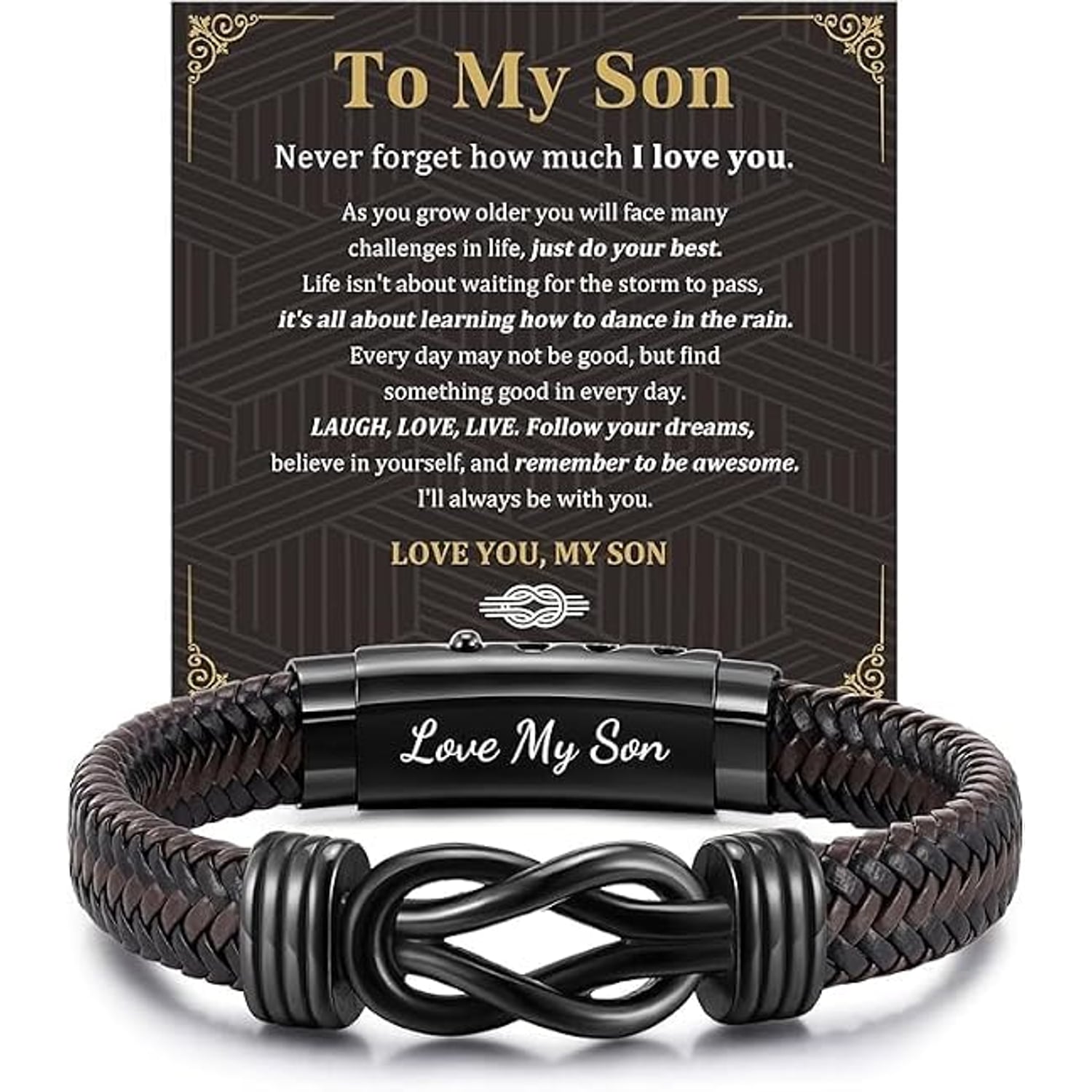 Love My Son Engraved Leather Bracelet