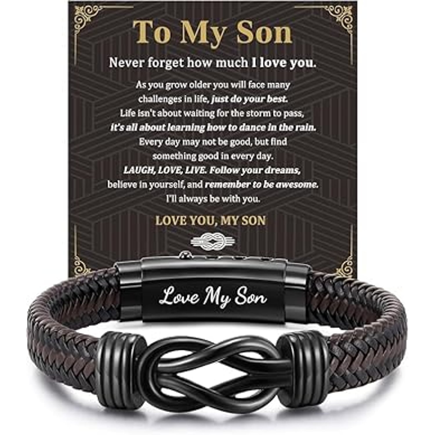 Love My Son Engraved Leather Bracelet