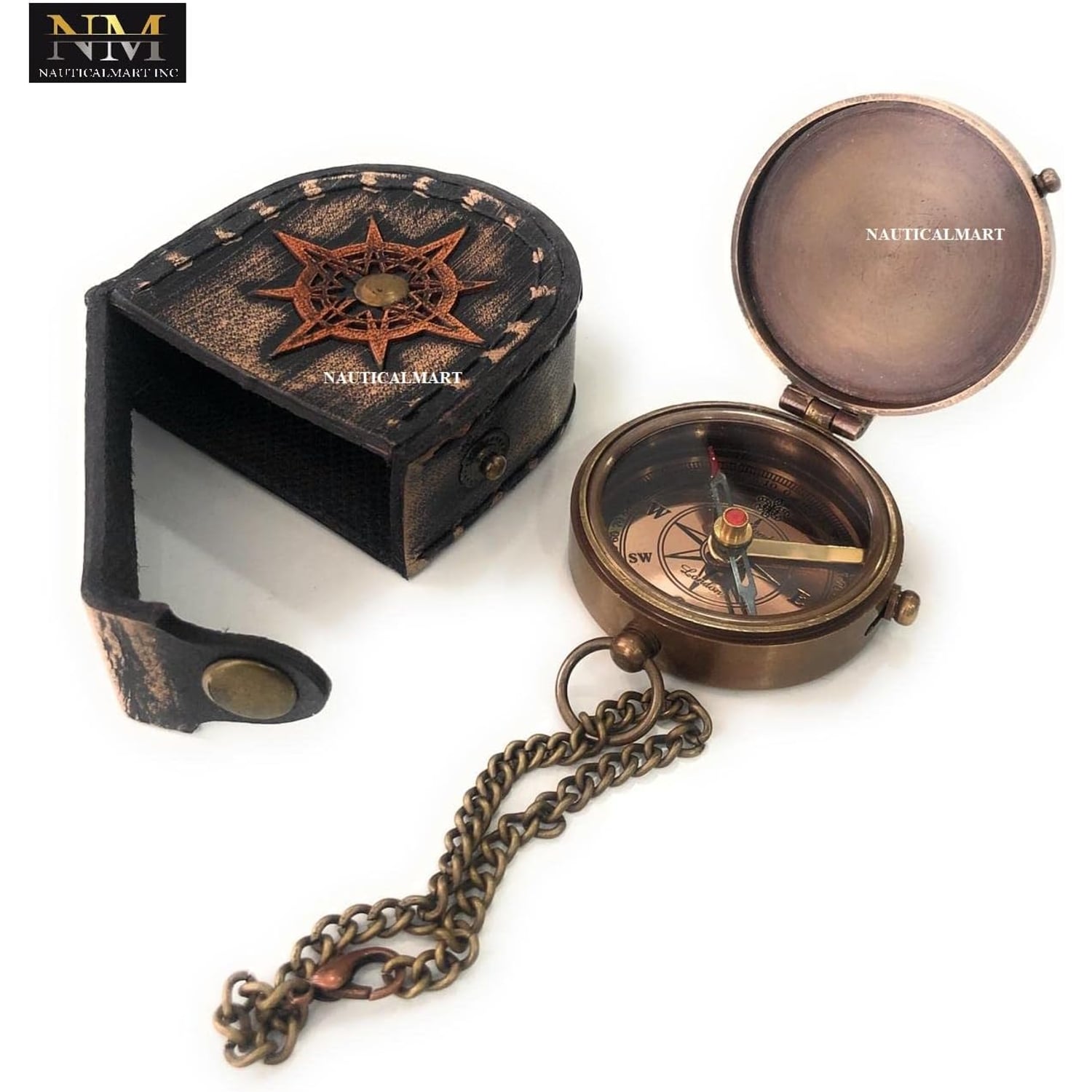 Be Strong and Courageous Engraved Brass Compass with Leather Case: image 2