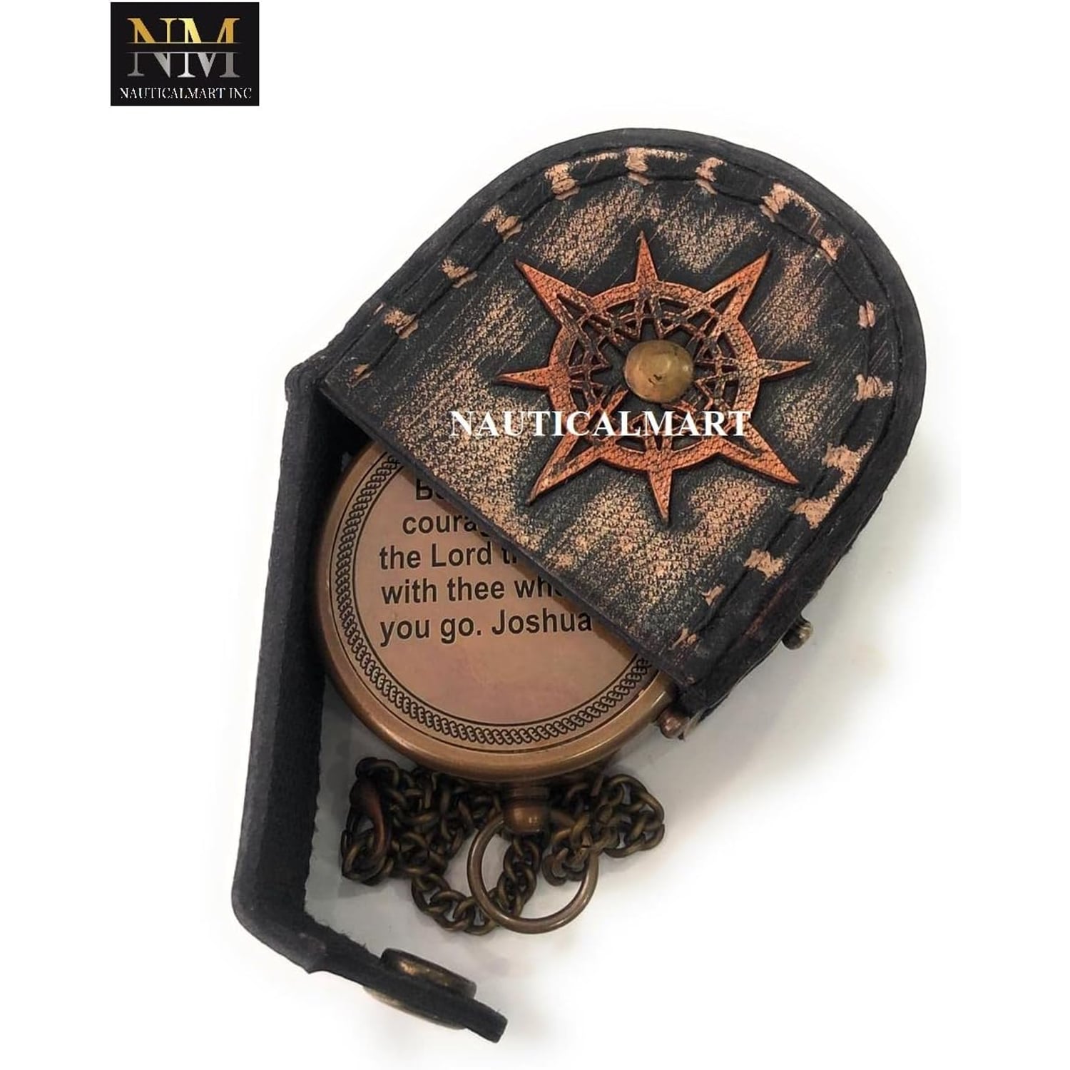 Be Strong and Courageous Engraved Brass Compass with Leather Case: image 3