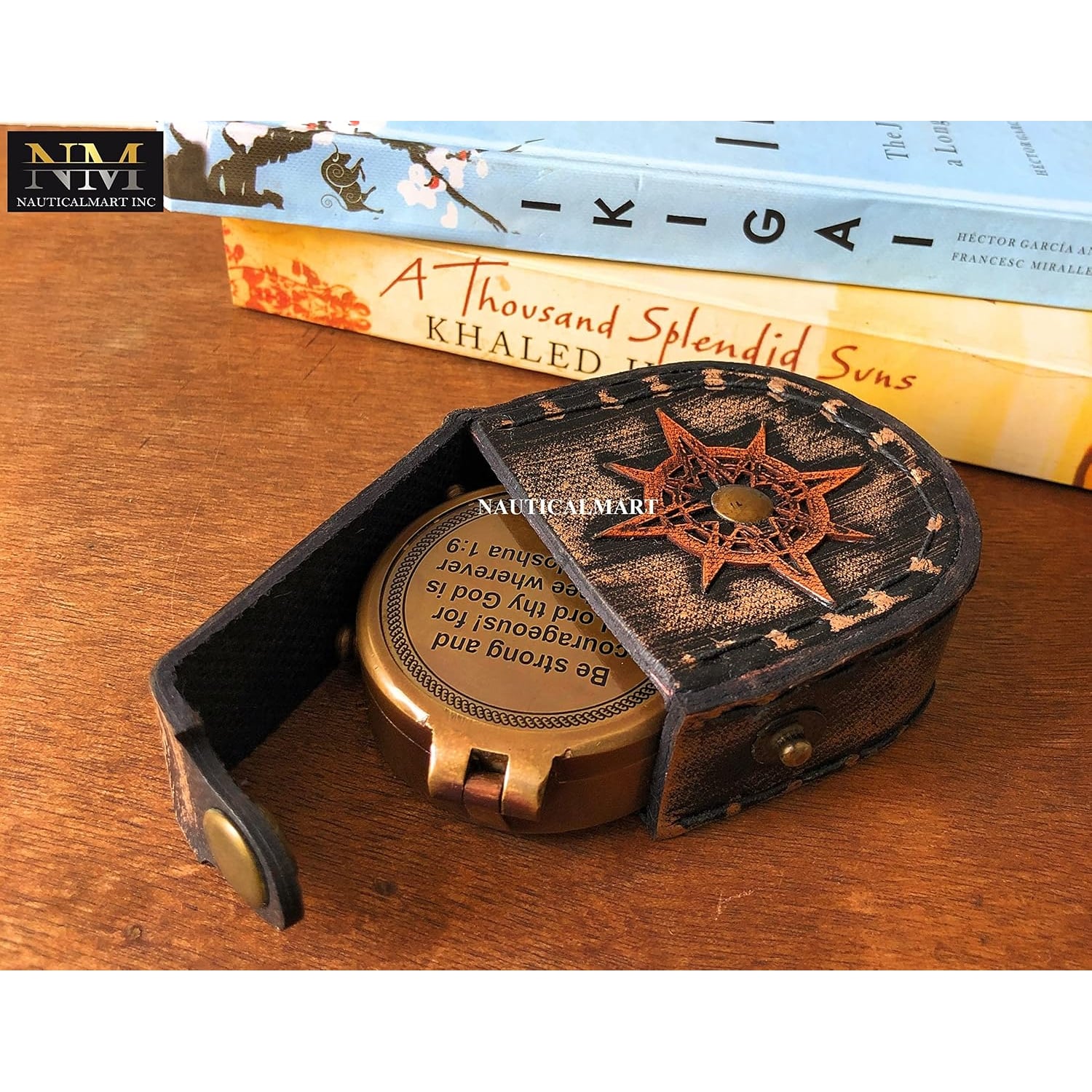 Be Strong and Courageous Engraved Brass Compass with Leather Case: image 4