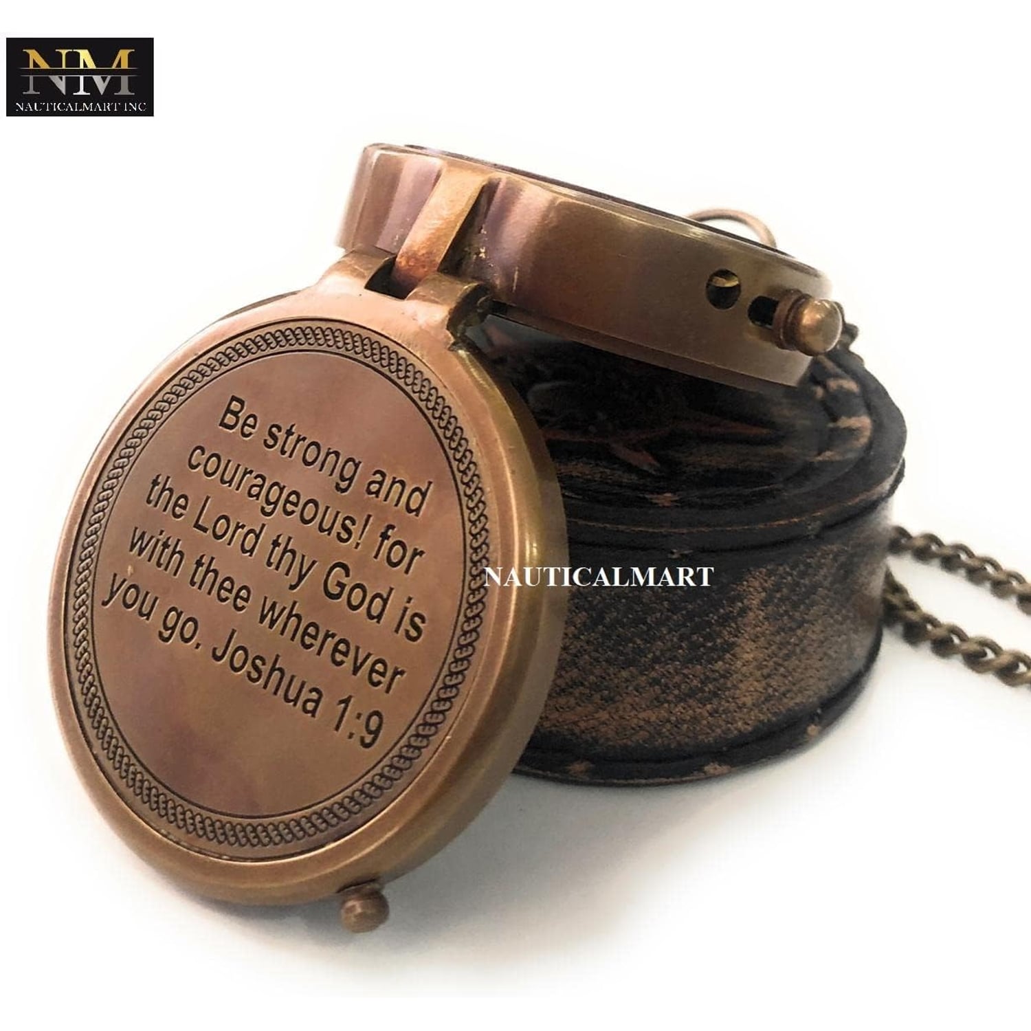 Be Strong and Courageous Engraved Brass Compass with Leather Case: image 5