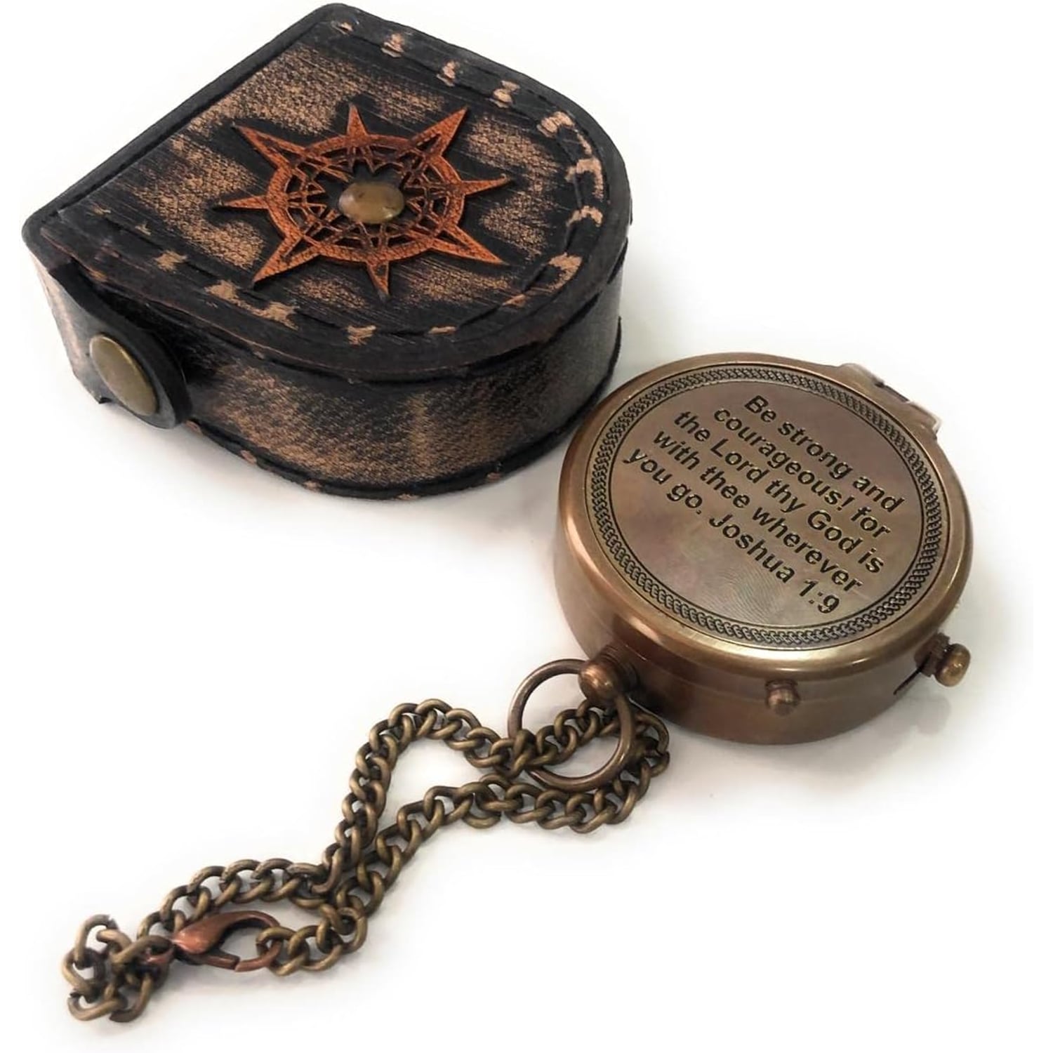 Be Strong and Courageous Engraved Brass Compass with Leather Case