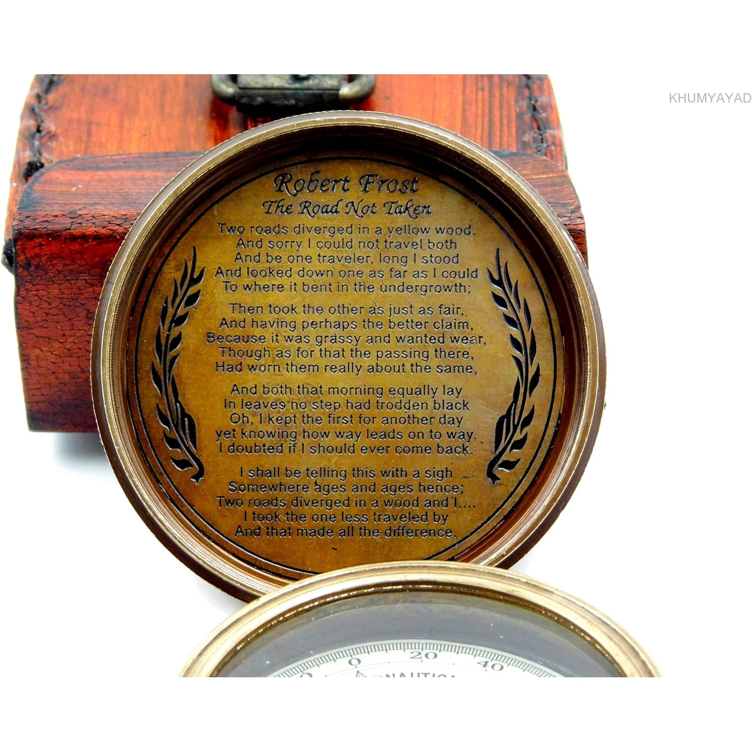Engraved Brass Pocket Compass with Robert Frost Poem and Leather Case: image 4