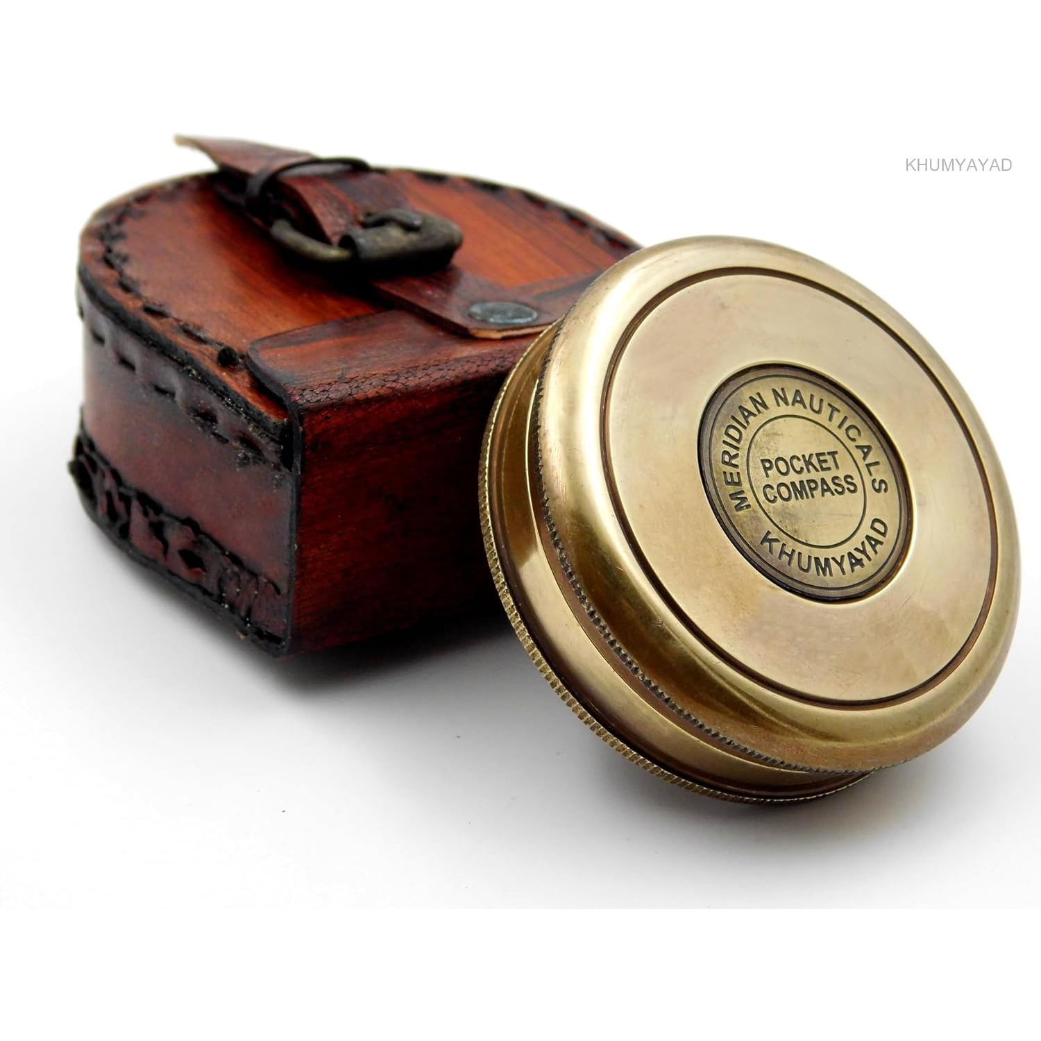 Engraved Brass Pocket Compass with Robert Frost Poem and Leather Case: image 5