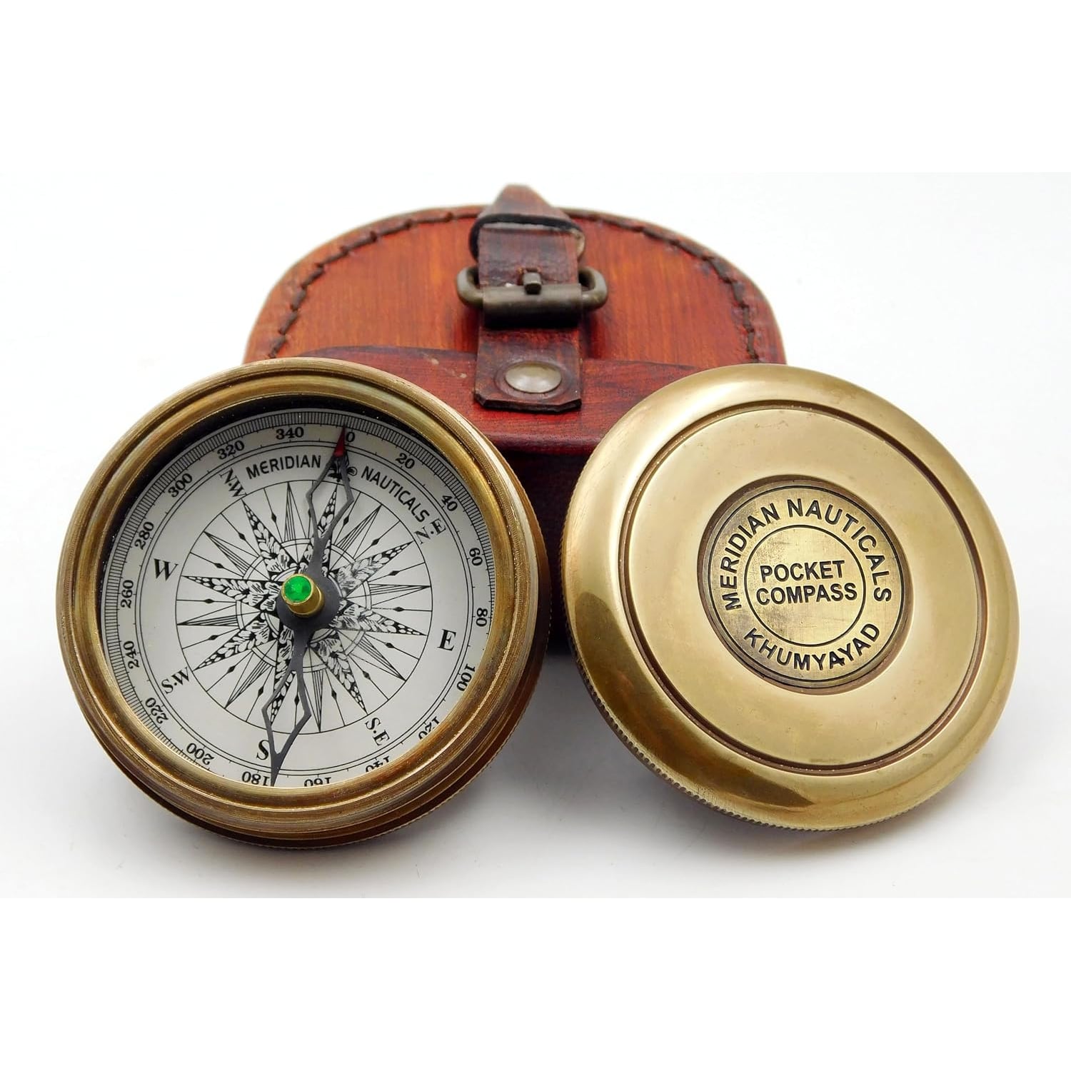 Engraved Brass Pocket Compass with Robert Frost Poem and Leather Case