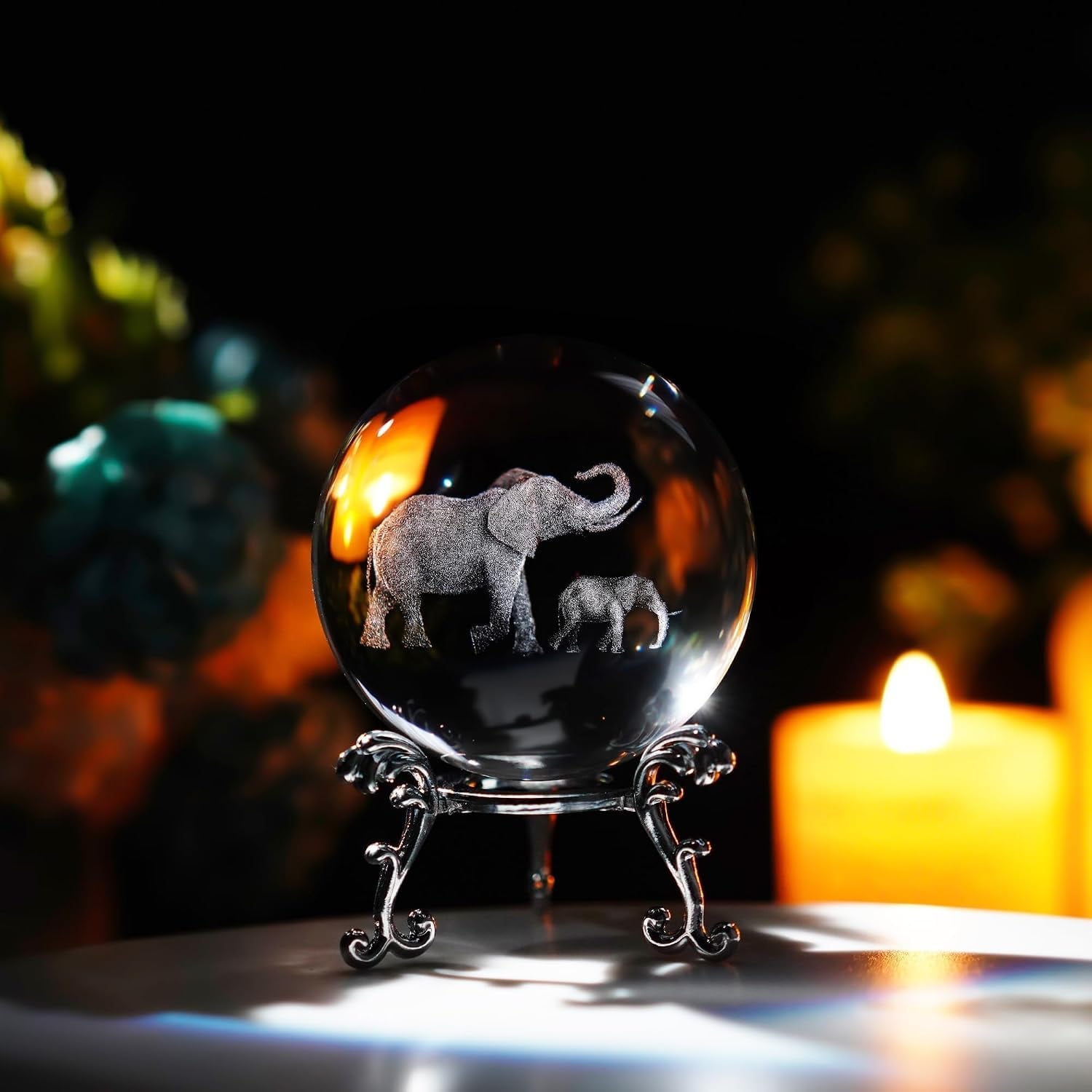Engraved Crystal Ball with Mother and Son Elephants: image 2