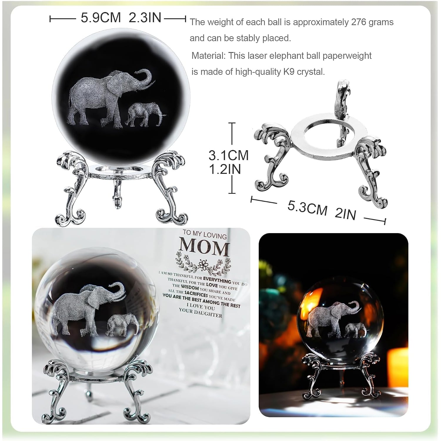 Engraved Crystal Ball with Mother and Son Elephants: image 3