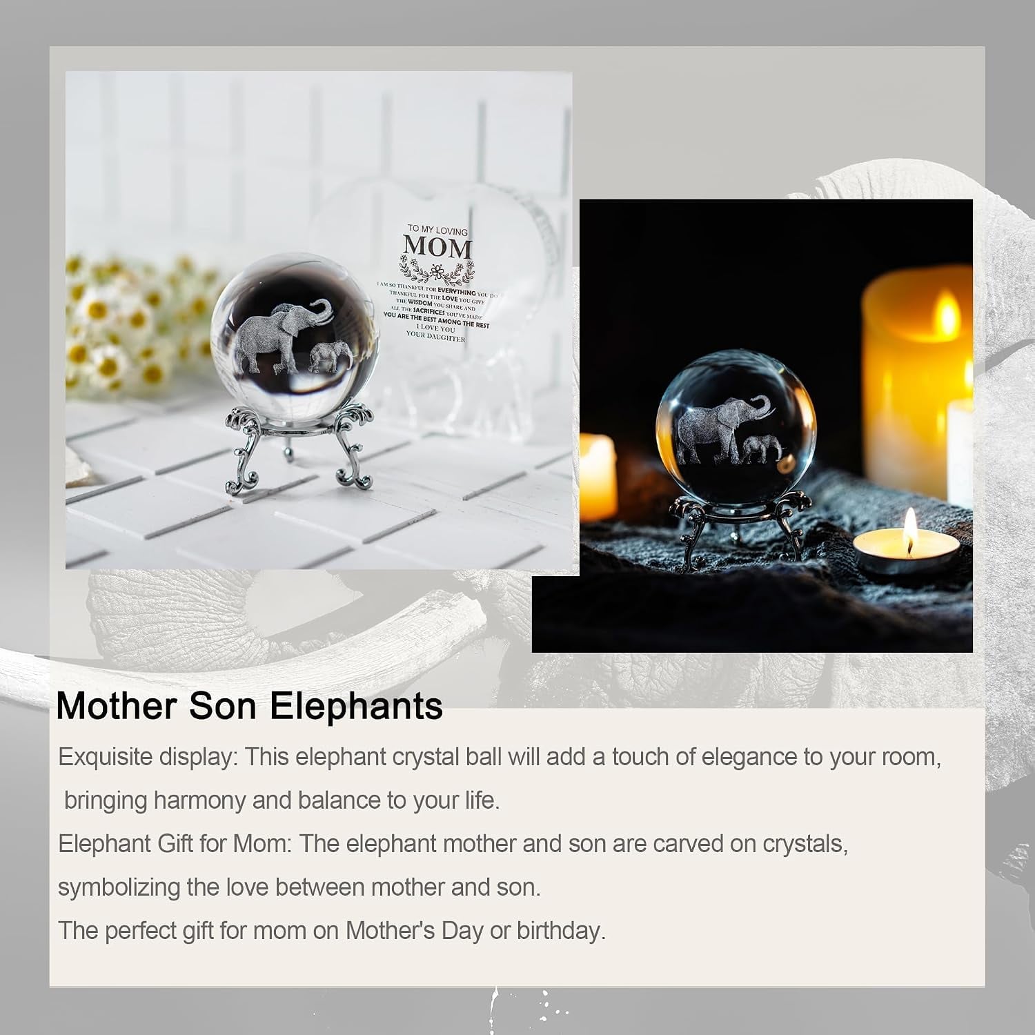 Engraved Crystal Ball with Mother and Son Elephants: image 4
