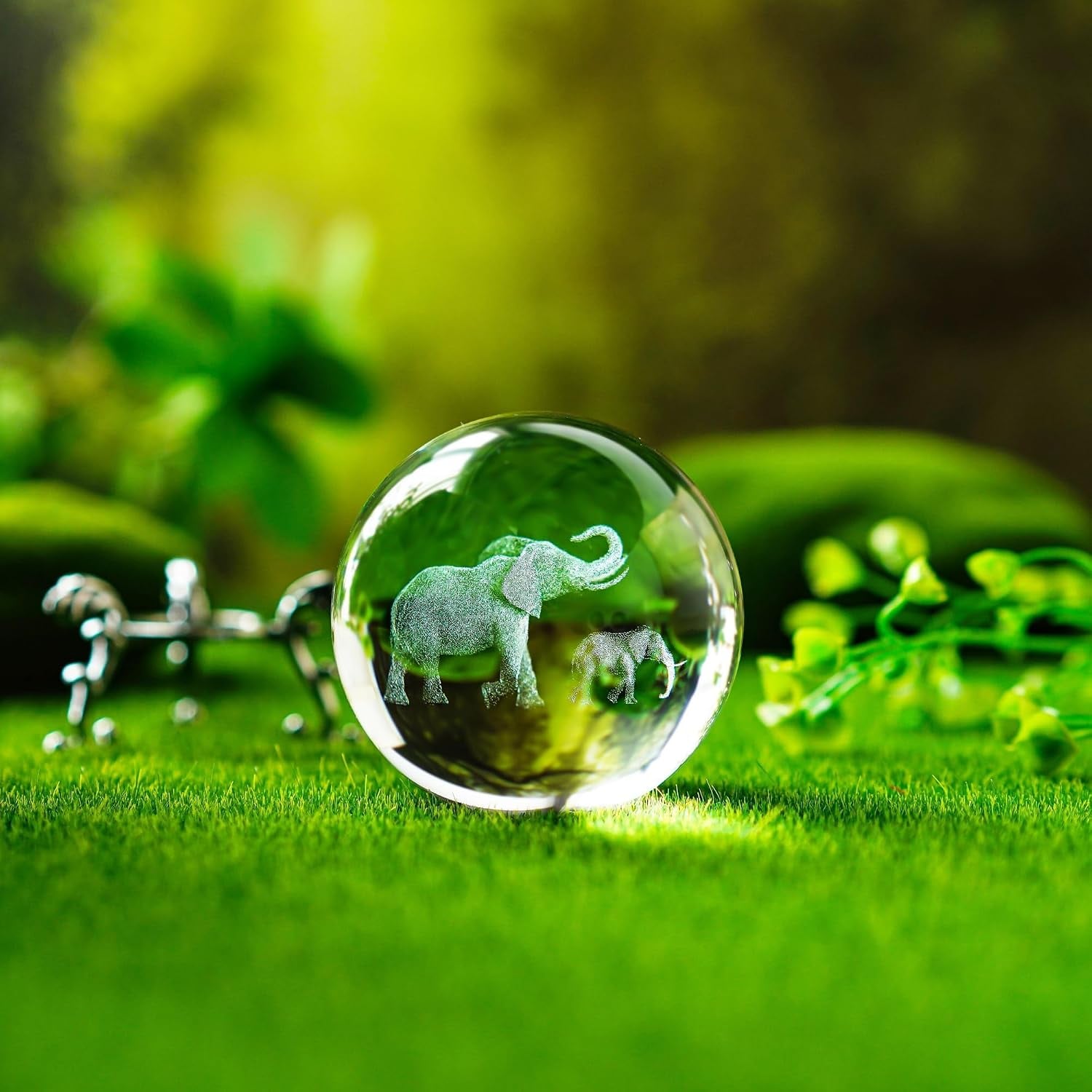 Engraved Crystal Ball with Mother and Son Elephants: image 5
