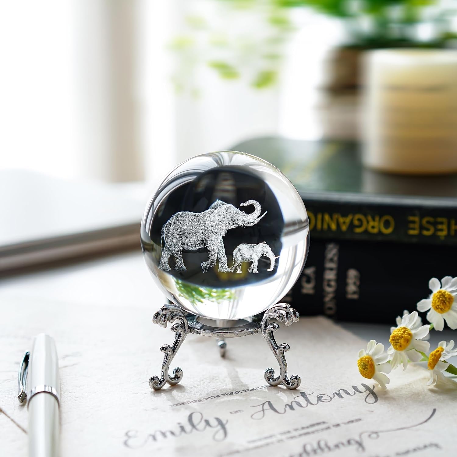 Engraved Crystal Ball with Mother and Son Elephants: image 6