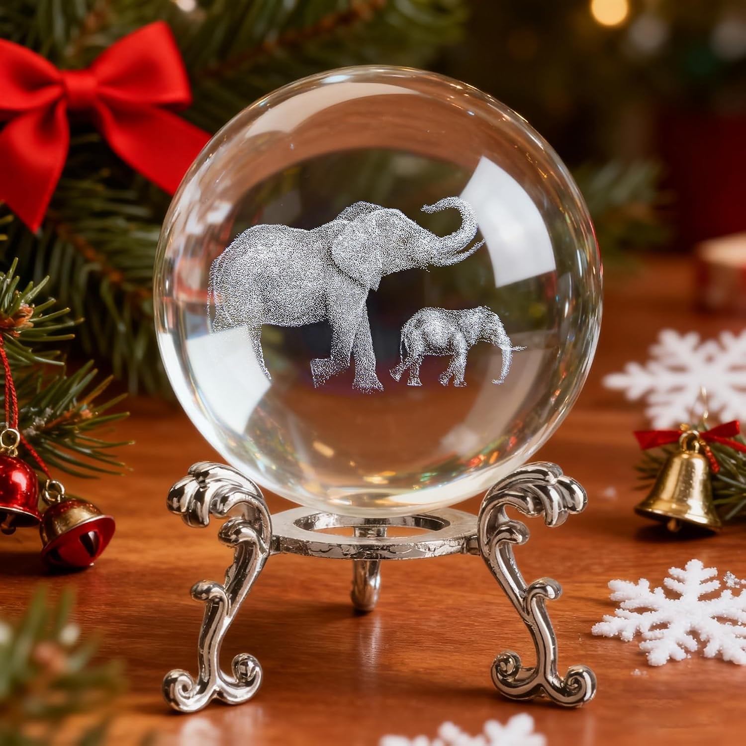 Engraved Crystal Ball with Mother and Son Elephants: image 9