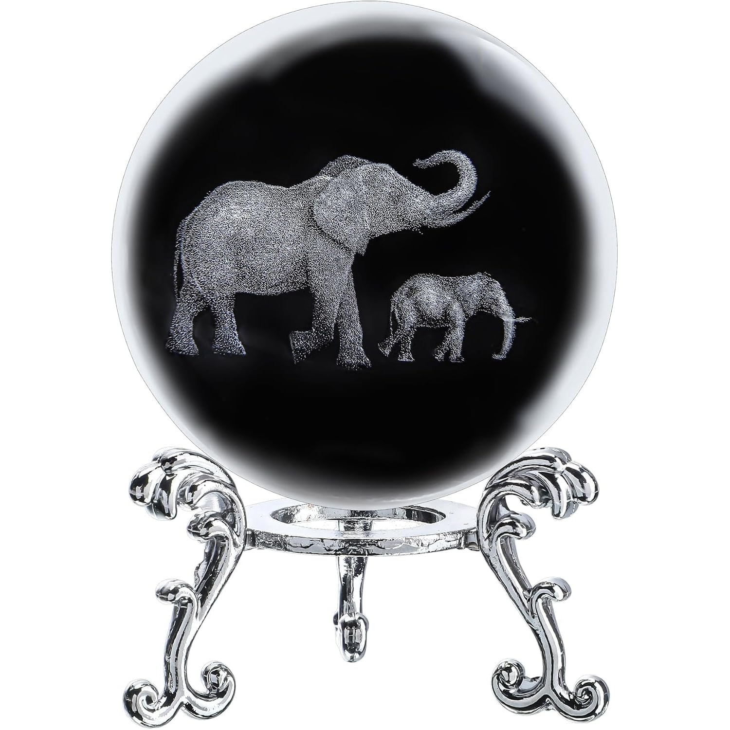 Engraved Crystal Ball with Mother and Son Elephants