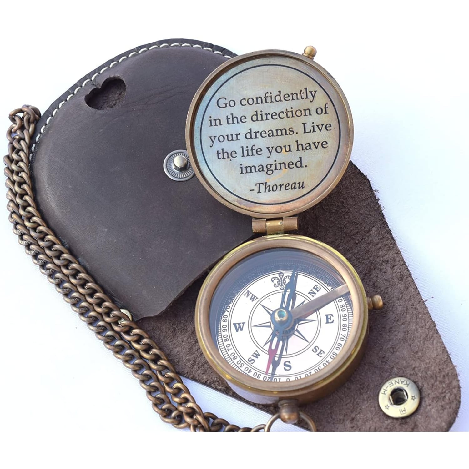 Go Confidently Engraved Brass Compass with Leather Case