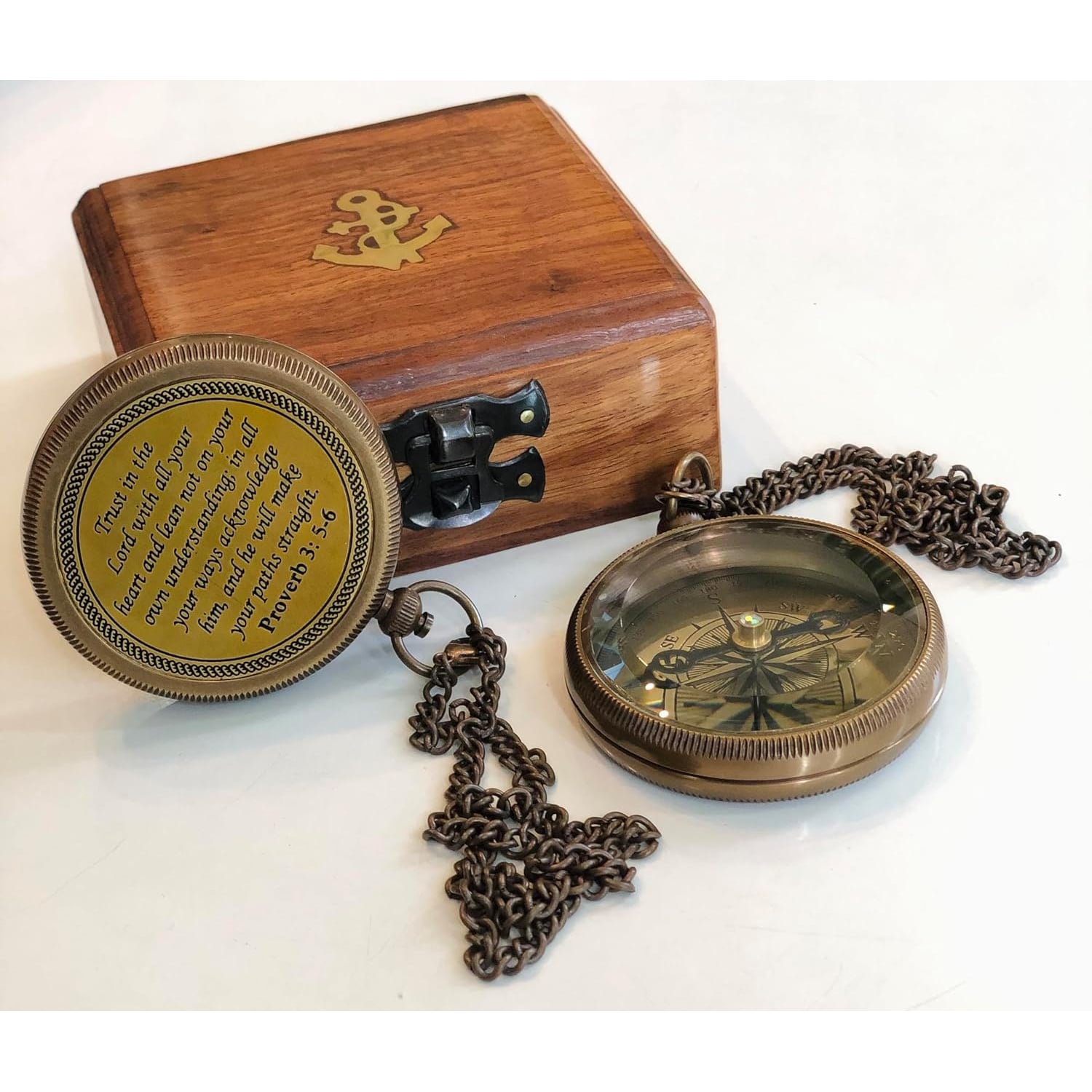 Trust in the Lord Engraved Brass Compass with Wooden Keepsake Box